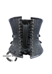 Black Brocade Leather Zipper Laces Gothic Steampunk Bustier Burlesque Overbust Corset Costume