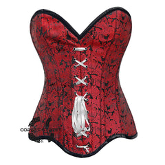 Red Brocade Curvy Design Front Ribbon Steampunk Gothic Overbust Corset