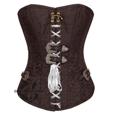 Brown Brocade Steampunk Front Ribbon Gothic Overbust Corset