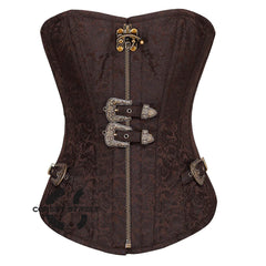 Brown Brocade Steampunk Front Antique Zipper Gothic Overbust Corset