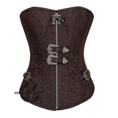 Brown Brocade Steampunk Front Zipper Gothic Overbust Corset