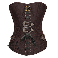 Brown Brocade Steampunk Front Black Ribbon Gothic Overbust Corset