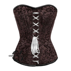Brown Brocade Steel Boned Front Ribbon Overbust Corset