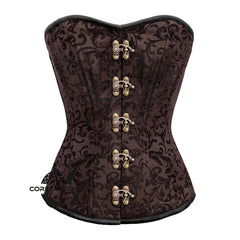 Brown Brocade Steel Boned Front Antique Clasps Overbust Corset