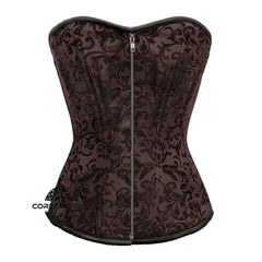 Brown Brocade Steel Boned Front Zipper Overbust Corset