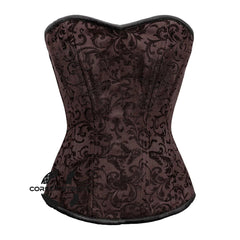 Brown Brocade Steel Boned Front Closed Overbust Corset