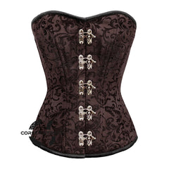 Brown Brocade Steel Boned Front Silver Clasps Overbust Corset