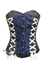 Blue Brocade Sequins Gothic Burlesque Waist Cincher Bustier Overbust Plus Size Corset Costume