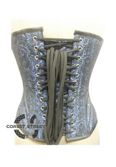Blue Brocade Sequins Gothic Burlesque Waist Cincher Bustier Overbust Corset Costume
