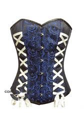 Blue Brocade Sequins Gothic Burlesque Waist Cincher Bustier Overbust Corset Costume