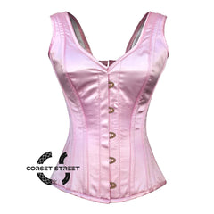 Baby Pink Satin With Front Antique Busk Gothic Overbust Burlesque Corset Waist Training Top
