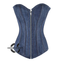 Blue Denim With Silver Zipper Gothic Overbust Burlesque Corset Waist Training Top