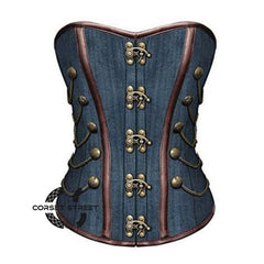 Blue Denim With Brown Leather Stripes Steampunk Costume Overbust Corset Top