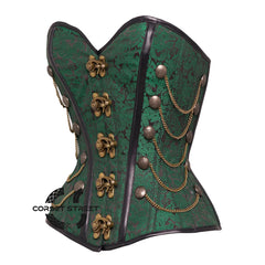 Green and Black Brocade Steampunk Antique Clasps Waist Training Costume Gothic Corset Overbust Top