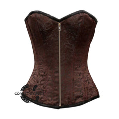 Brown Brocade With Antique Zipper Overbust Corset