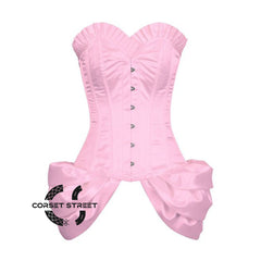 Baby Pink Satin Frill With Front Silver Busk Overbust Corset