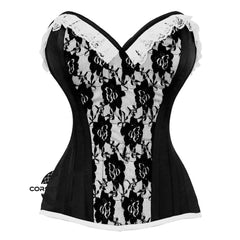 Black And White Brocade With Front Close Overbust Corset