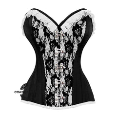 Black And White Brocade With Front Clasps Overbust Corset
