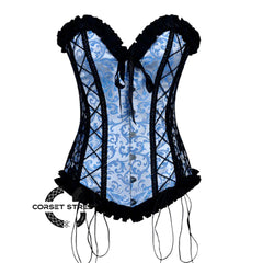 Turquoise Brocade With Frill And Lace Design Long Overbust Corset