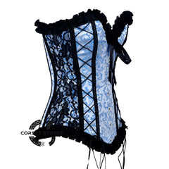 Turquoise Brocade With Frill And Lace Design Long Overbust Corset