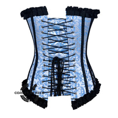 Turquoise Brocade With Frill And Lace Design Long Overbust Corset