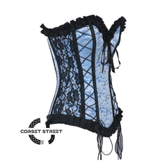 Baby Blue Brocade With Frill And Lace Design Long Overbust Corset