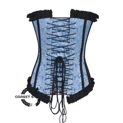 Baby Blue Brocade With Frill And Lace Design Long Overbust Corset