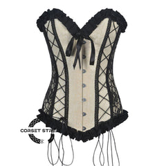Ivory Brocade With Frill And Lace Design Long Overbust Corset