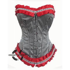 Black And White Cotton Striped With Red Frill Gothic Overbust Corset
