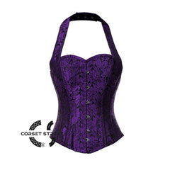 Purple Brocade With Halter Neck Overbust Corset