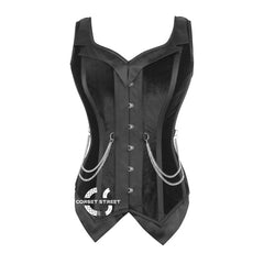 Black Velvet With Satin Sweetheart Neck Stripes Shoulder Strap Gothic Costume Overbust Corset