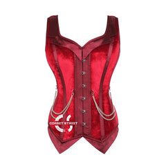 Red Velvet With Burgundy Satin Sweetheart Neck Shoulder Strap Gothic Costume Overbust Corset