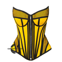 Yellow Satin black mesh Zipper Steampunk Overbust Bustier Corset
