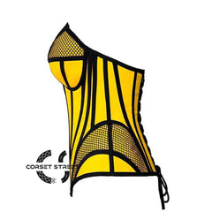 Yellow Satin black mesh Zipper Steampunk Overbust Bustier Corset