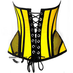 Yellow Satin black mesh Zipper Steampunk Overbust Bustier Corset