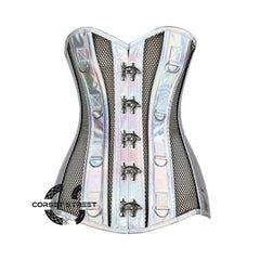 Black Mesh Holographic Faux Leather Long Steampunk Overbust Bustier Corset