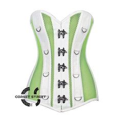 Green Mesh White Faux Leather Long Steampunk Overbust Bustier Corset