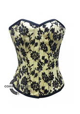 Yellow Satin Black Tissue Flocking Gothic Burlesque Bustier Waist Training Overbust Corset Costume