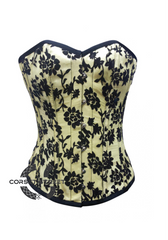 Yellow Satin Black Tissue Flocking Gothic Burlesque Bustier Waist Training Overbust Plus Size Corset Costume
