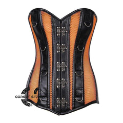Orange Mesh Black Faux Leather Long Steampunk Overbust Bustier Corset