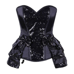 Black Satin Black Sequins Work Burlesque Gothic Overbust Bustier Corset