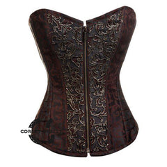 Brown And Black Brocade Sequins Work Burlesque Gothic Overbust Bustier Corset