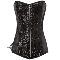 Black Satin Sequins Work Burlesque Long Zipper Overbust Bustier Corset
