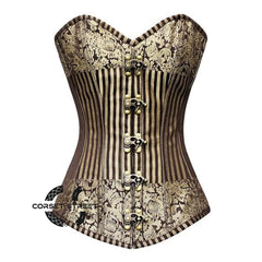 Brown And Golden Brocade Steampunk Heavy Duty Overbust Bustier Corset