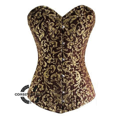 Brown And Golden Brocade Double Bone Long Steampunk Overbust Bustier Corset