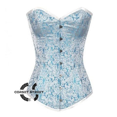 Baby Blue Brocade Long Gothic Overbust Bustier Corset
