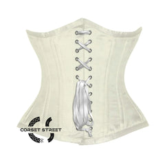 Ivory Satin Double Bone Front White Ribbon Gothic Underbust Bustier Corset