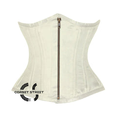 Ivory Satin Double Bone Front Antique Zipper Gothic Underbust Bustier Corset