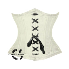 Ivory Satin Double Bone Front Black Ribbon Gothic Underbust Bustier Corset