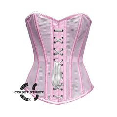 Baby Pink Satin Mesh Front White Ribbon Overbust Corset